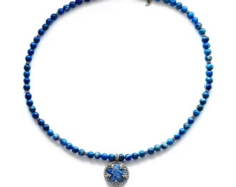 GOTLAND sodalite LENS NECKLEACE - sodalite and silver with lapis lazuli beads (handmade by Viking Kristall)