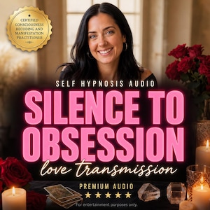 Puede incluir: Un gráfico digital con una persona sonriente de cabello oscuro, un sello dorado que dice CERTIFIED CONSCIOUSNESS RECODING AND MANIFESTATION PRACTITIONER y texto de neón rosa SELF HYPNOSIS AUDIO SILENCE TO OBSESSION love transmission.