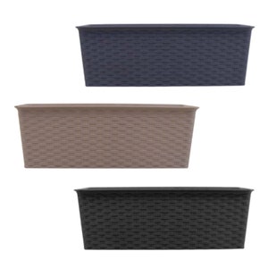 May include: Three rectangular plastic planters with a woven pattern. The planters are in black, dark grey, and light brown.