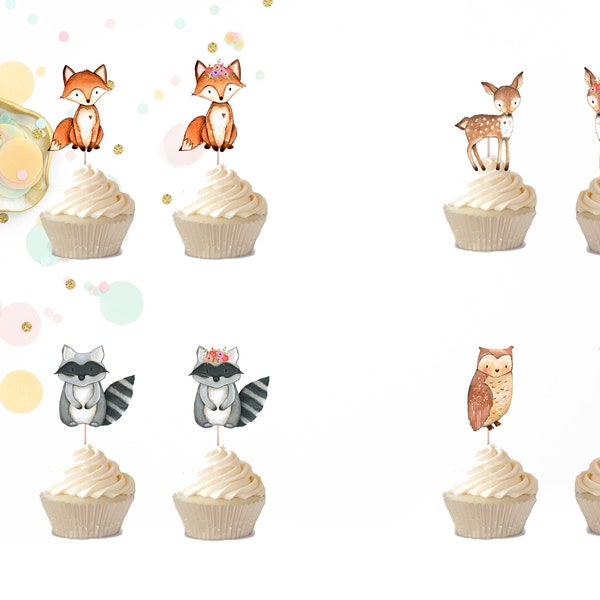 Woodland cupcake toppers. Woodland baby shower. Woodland party. Woodland animals. Woodland cupcake. Woodland birthday. Woodland decoration