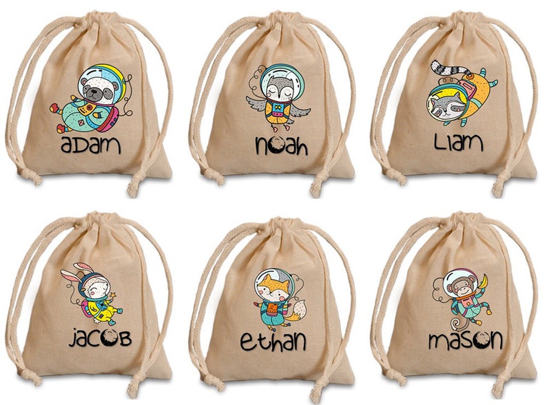 Astronaut party bag.Personalize birthday favor bag.Space drawstring bag.Astronaut birthday.Space birthday favor.Custom cotton favor bag