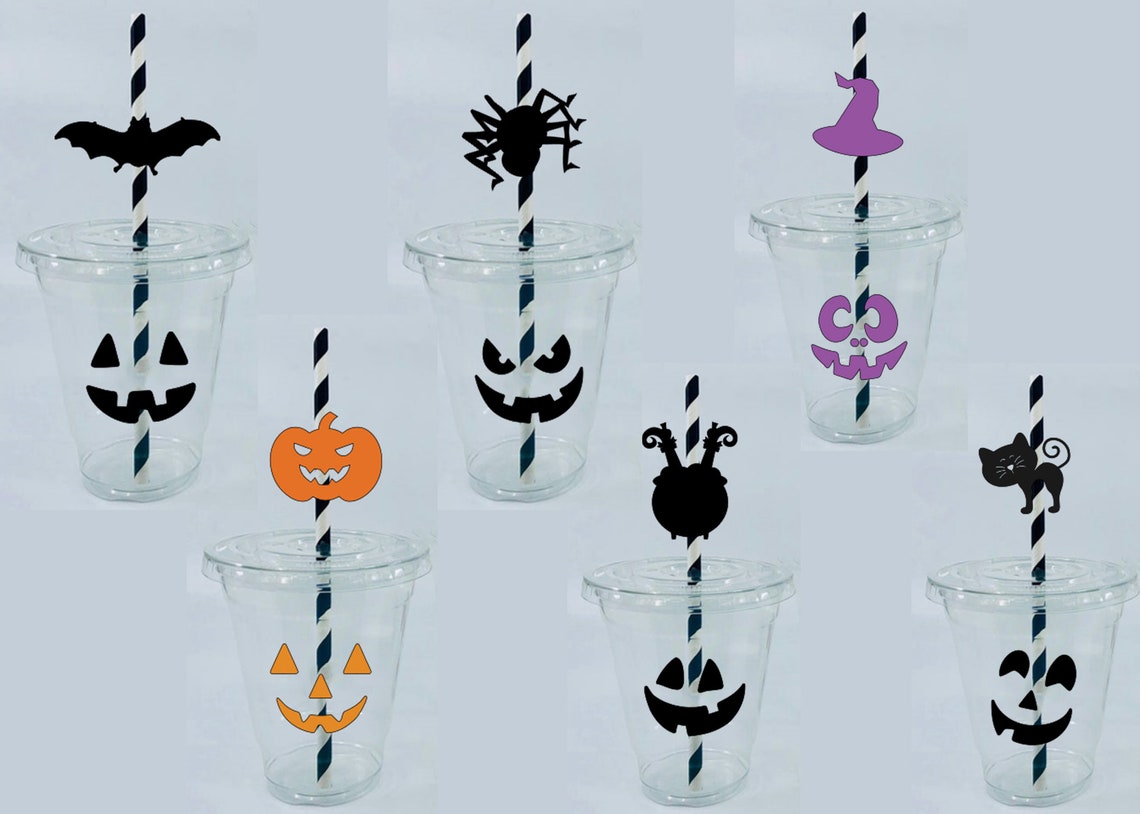 Custom Halloween party cups with lids and paper straws. The Etsy
