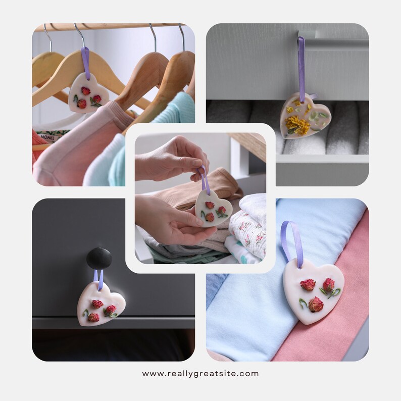 Puede incluir: Cuatro bolsitas blancas en forma de coraz&oacute;n con flores secas en su interior, colgadas de cintas moradas. Las bolsitas est&aacute;n colgadas en un armario, un caj&oacute;n y en una estanter&iacute;a. Las bolsitas son una forma natural de refrescar tu hogar.