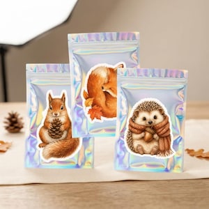 May include: Three iridescent, holographic resealable pouches featuring woodland animal stickers. One pouch displays a squirrel holding a pinecone, another shows a curled-up fox with autumn leaves, and the third features a hedgehog wearing a scarf.
