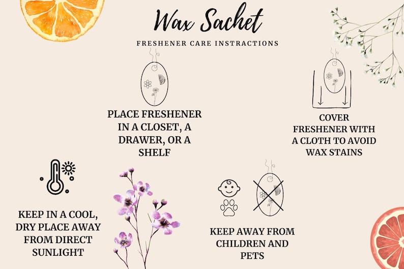 Puede incluir: Instrucciones para usar un ambientador de cera en sachet. La imagen muestra un sachet de cera con un dise&ntilde;o floral, junto con instrucciones para colocarlo en un armario, un caj&oacute;n o una estanter&iacute;a, para mantenerlo en un lugar fresco y seco, lejos de la luz solar directa, para cubrirlo con un pa&ntilde;o para evitar manchas de cera y para mantenerlo fuera del alcance de los ni&ntilde;os y las mascotas.