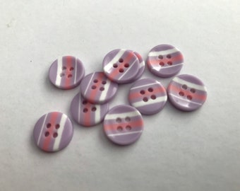 13mm 4 hole acrylic pink, white and purple striped buttons x 10