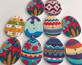 Easter egg 30mm, 2 hole wooden multicoloured, multi patterned buttons x 10