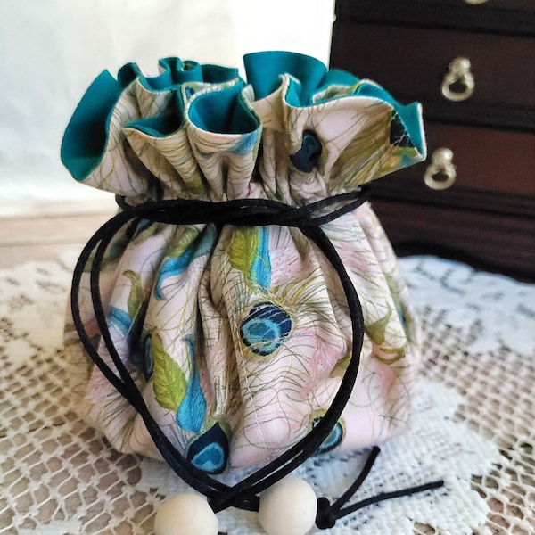 Travel Jewelry Pouch with Drawstring and Pockets, Peacock Feathers