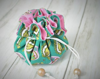 Travel Jewelry Pouch, Drawstring Jewelry Bag with Pockets, Pink and Green Jewelry Pouch