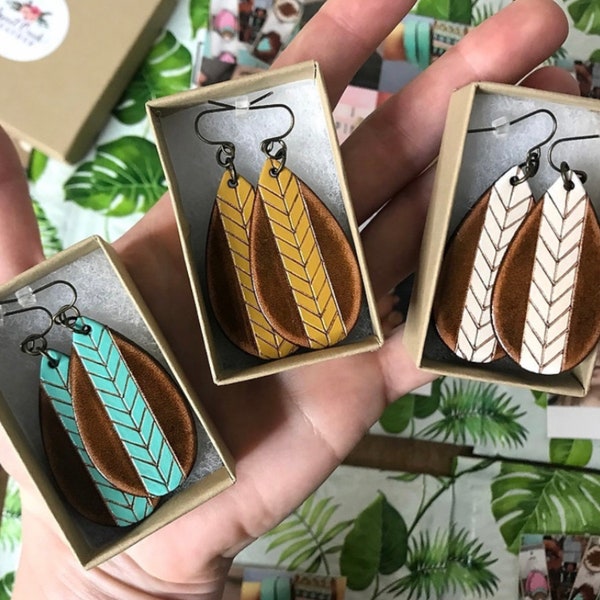 Handmade Mini "CHEVRON FEATHER" Leather Teardrop Earrings, Bohemian Leather Earrings, Hand Drawn, Hand Painted, Native, Tribal, Modern Boho