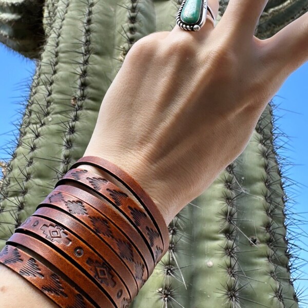 Handmade "CABO" Leather Cuff Bracelets, Trendy, Tooled Leather, Stamped, Boho Bracelet, Leather Bands, Bohemian, Wide Bracelet