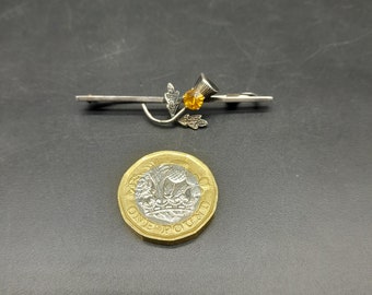 vintage stirling silver and citrine sweet heart brooch Scottish thistle signed mizpah ward brothers silver orange 5 cm long