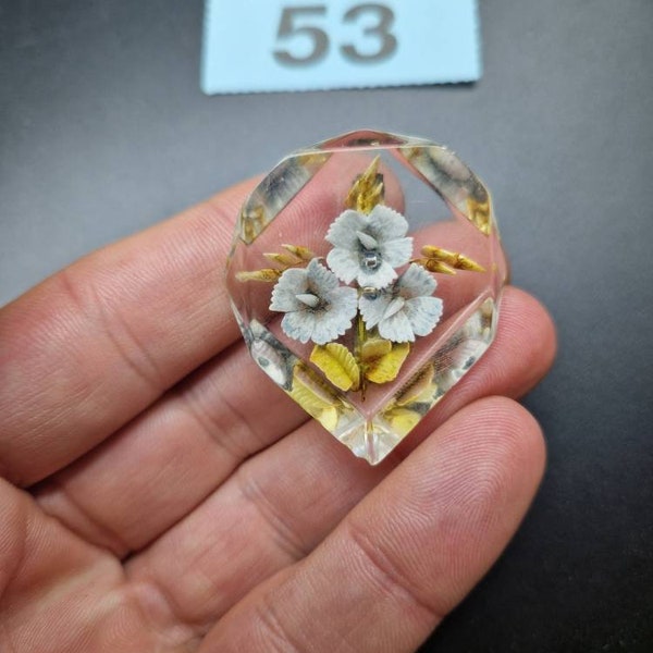 Vintage reverse carved lucite brooch 1940s-50s clear yellow floral diamond shape 4cm long mid century #53