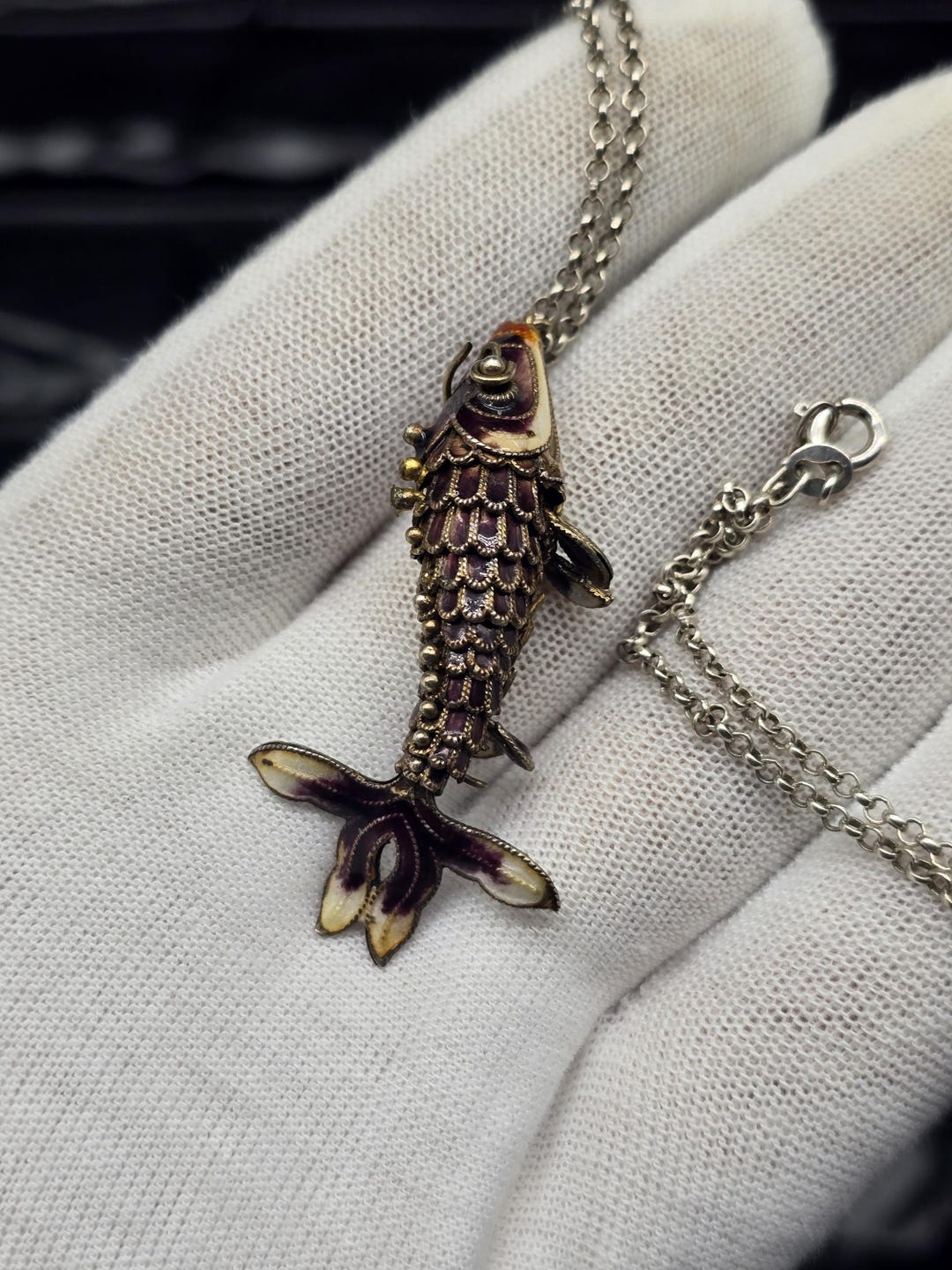 Vintage Mid Century Articulated Fish Pendant Necklace Enamel Cloisonne ...