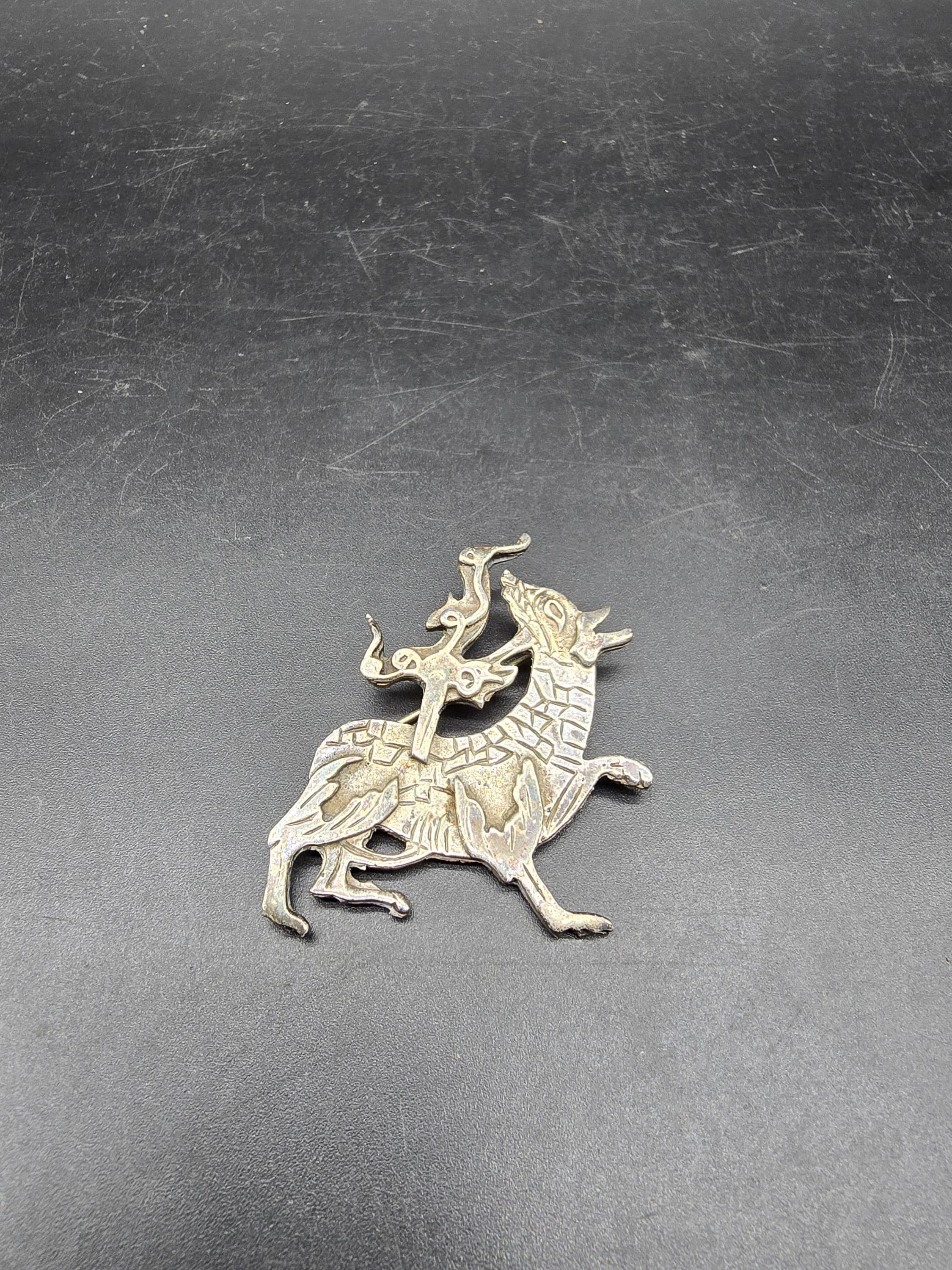 Vintage 1977 Maeshowe Dragon Sterling Silver Brooch Shetland