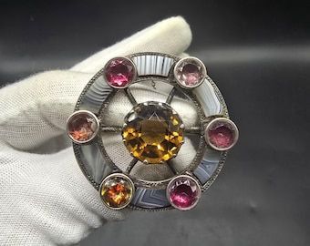 Beautiful Victorian large scottish plaid brooch stone set cairngorm citrine montrose blue agate round 45.25mm wide pebble jewellery
