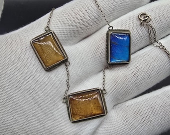 art deco 1920s morpho butterfly wing silver necklace panel necklace blue brown 20 cm long chain