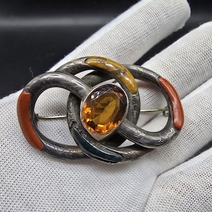 superb victorian scottish celtic brooch lovers knot kilt pin sterling silver agate citrine red silver large 60.22mm long