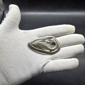 Könnte beinhalten: Silberfarbene Gürtelschnalle mit Fischmotiv. Die Schnalle hat die Form eines abgerundeten Dreiecks, wobei der Fisch durch die Mitte schwimmt. Der Fisch hat detaillierte Flossen und Schuppen. Die Schnalle ist wahrscheinlich aus Metall.