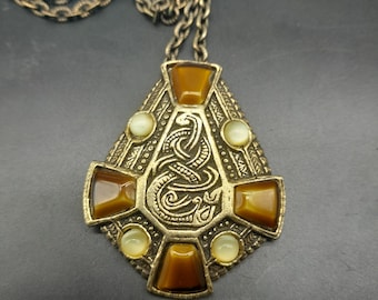 collier pendentif femme vintage signé miracle bijoux celtiques étain verre orange blanc argent bijoux fantaisie #101