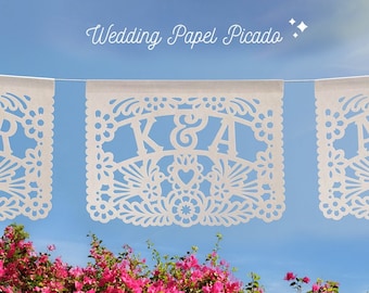 Personalized Papel Picado Mexican Wedding Banners | Traditional Papel Picado Decoration | White Papel Picado Flags for Weddings and Fiestas