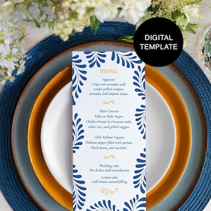 Modelo Digital de Menu Talavera | Modelo de Menu | Menu Imprimível para Casamentos Temáticos Mexicanos, Chás de Panela, Quinceañeras e Fiestas