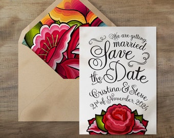 Oaxaca Save the Dates / Mexican Themed Wedding Invitations /  Mexican Fiesta Invitations / Floral Wedding Invitations