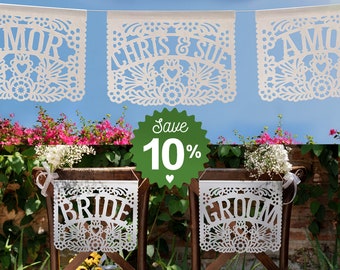 Wedding Papel Picado Bundle | Papel Picado Banners + Bride & Groom Chair Signs | Traditional Mexican Wedding Decor + 2 Free Stick Flags