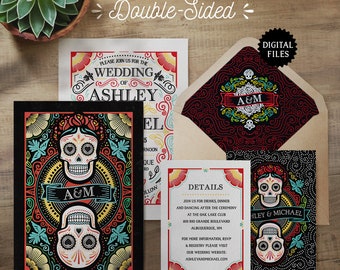 Personalisierte mexikanische Einladung + Detailkarte | Druckbare Hochzeitseinladung | Día de los Muertos-Einladungen für mexikanische Themenhochzeiten