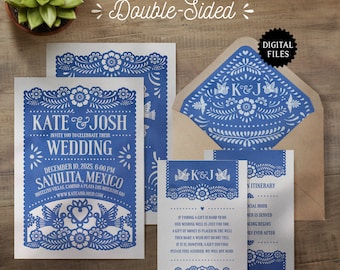 Personalized Papel Picado Invitation + Details Card | Printable Wedding Invitation | Wedding Invitation for Mexican Theme Weddings & Fiestas