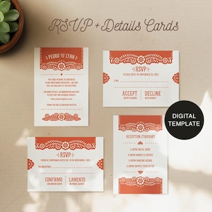 May include: Four wedding RSVP and details cards with a floral design in orange and white. The cards include text such as "RSVP", "Accept", "Decline", and a reception itinerary. A digital template label is on the right.