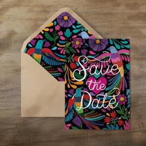 Mexican Save the Date from I Invite You, featuring traditional Mexican embroidery decorations composed of colorful birds, flowers and petals on black background.