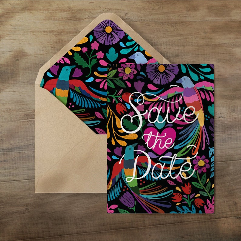 Mexican Save the Date from I Invite You, featuring traditional Mexican embroidery decorations composed of colorful birds, flowers and petals on black background.