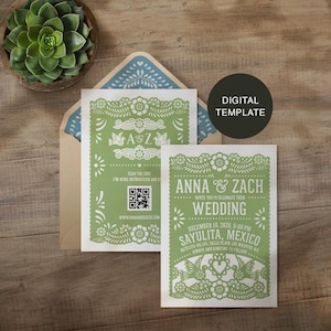 Papel Picado Wedding Digital Invitation | Wedding Invitation Template | Two Sided Printable Editable Mexico & Destination Wedding Invitation