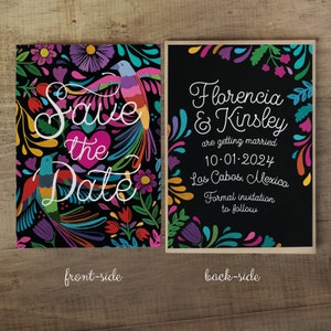 Mexican Save the Date from I Invite You, featuring traditional Mexican embroidery decorations composed of colorful birds, flowers and petals on black background.