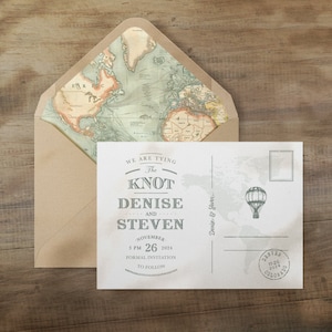 Puede incluir: Una invitación de boda de estilo vintage en una postal con un mapa del mundo de fondo. El texto dice "We are tying the knot Denise and Steven November 26, 2024 3 PM. Formal invitation to follow."