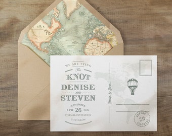 May include: A vintage-style postcard wedding invitation with a world map background. The text reads "We are tying the knot Denise and Steven November 26, 2024 3 PM. Formal invitation to follow."