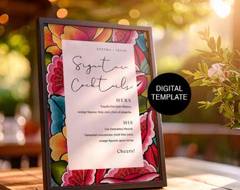 Mexican Wedding Bar Menu Template | His & Hers Signature Drinks Sign | Editable Fiesta Cocktails Sign Printable for Canva