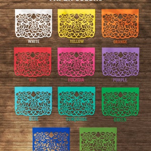 K&ouml;nnte beinhalten: Eine Tabelle mit 10 verschiedenen Farben von Papier mit einem Rosenmuster. Die Farben sind Wei&szlig;, Gelb, Orange, Rot, Fuchsia, Lila, Blau, T&uuml;rkis, Gr&uuml;n und Kobaltblau. Der Text "PAPER COLORS" befindet sich oben in der Tabelle.