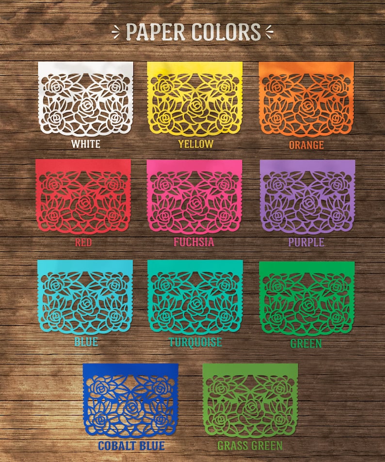 K&ouml;nnte beinhalten: Eine Tabelle mit 10 verschiedenen Farben von Papier mit einem Rosenmuster. Die Farben sind Wei&szlig;, Gelb, Orange, Rot, Fuchsia, Lila, Blau, T&uuml;rkis, Gr&uuml;n und Kobaltblau. Der Text "PAPER COLORS" befindet sich oben in der Tabelle.