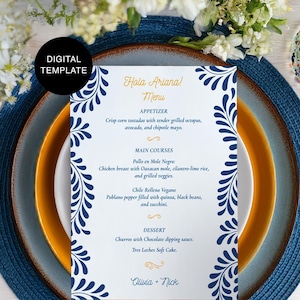 Modelo Digital de Menu Talavera | Modelo de Menu + Cartão de Lugar em Um | Menu Imprimível para Casamentos Temáticos Mexicanos, Quinceañeras e Fiestas