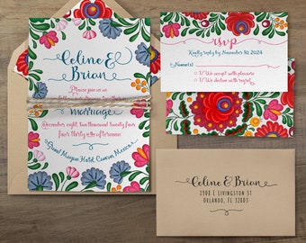 Mexican Wedding Invitation + RSVP Cards Bundle | Personalized Wedding Invitations | Huipil Invitation for Mexican Theme Weddings and Fiestas