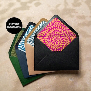 May include: A collection of colorful envelopes, each with a unique patterned interior. The envelopes are in shades of green, blue, and brown, with interior designs in gold and white on pink and blue backgrounds. A black circle with the words "INSTANT DOWNLOAD" is in the upper left.