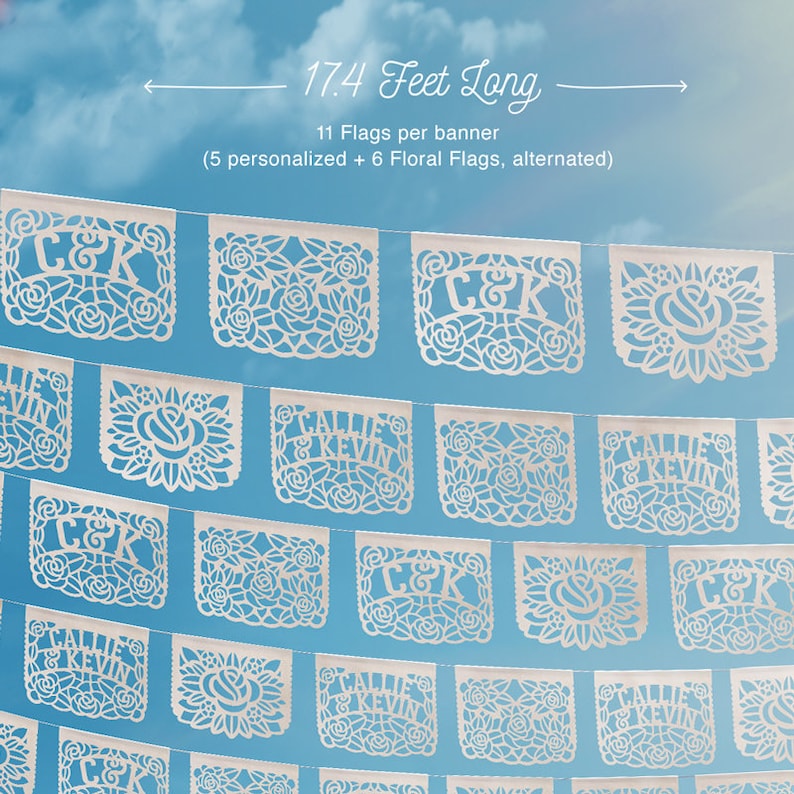 Personalized Floral Papel Picado for Mexican Theme Weddings, Quinceañera, Bridal Showers, Baby Shower and Fiestas