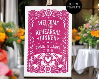 Papel Picado Rehearsal Dinner Digital Sign Template | Welcome Sign Template | Printable Editable Mexican Rehearsal Fiesta Welcome Sign