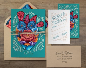 Mexican Wedding Invitation + RSVP Cards Bundle | Personalized Wedding Invitations | Floral Invitation for Destination Mexican Theme Weddings