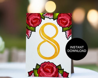 Instant Download Mexican Table Numbers | Printable Table Numbers | Printable Table Number Cards for Mexican Theme Weddings and Fiestas
