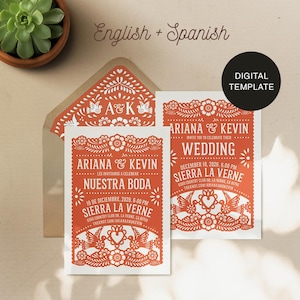 Modèle numérique d'invitation de mariage Papel Picado | Modèle d'invitation de mariage | Faire-part de mariage mexicain bilingue anglais + espagnol