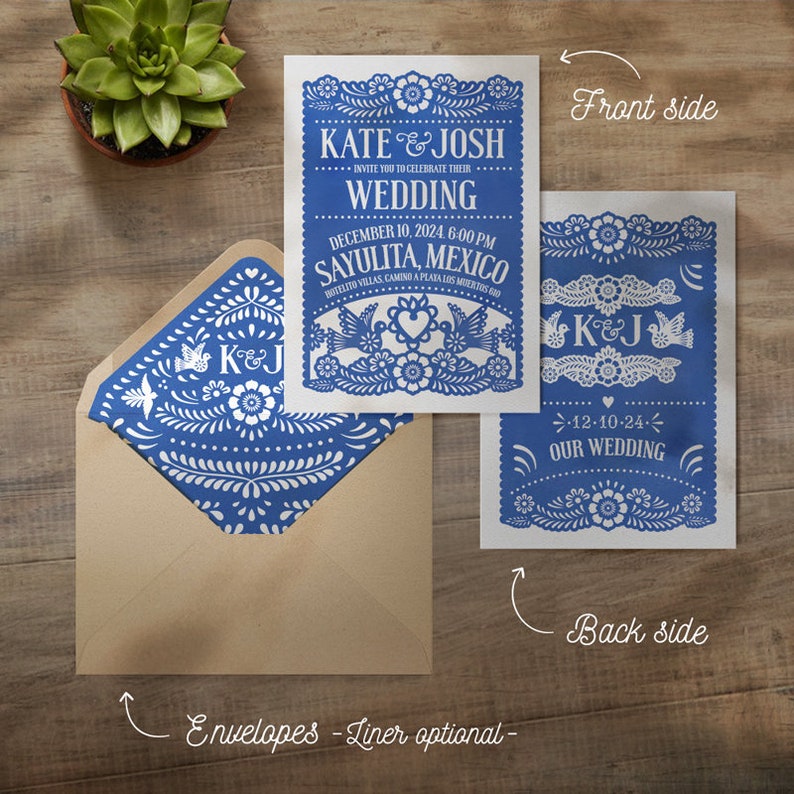 Papel Picado Wedding Invitation from I Invite You, featuring traditional papel picado shapes and decorations in colorful tones.