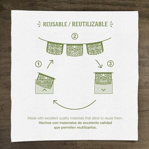 K&ouml;nnte beinhalten: Ein Diagramm, das zeigt, wie man Papierdekorationen wiederverwendet. Das Bild zeigt eine Girlande aus gr&uuml;nen Papierdekorationen mit einem floralen Design. Der Text "REUSABLE / REUTILIZABLE" befindet sich oben im Bild. Der Text "Hergestellt aus hochwertigen Materialien, die eine Wiederverwendung erm&ouml;glichen. Hechos con materiales de excelente calidad que permiten reutilizarlos." befindet sich unten im Bild.